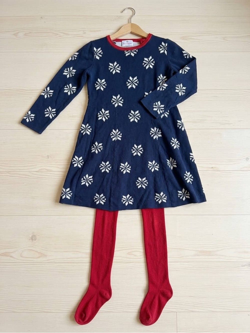 Hanna Andersson Navy Knit Dress with White Snowflakes and Red stockings